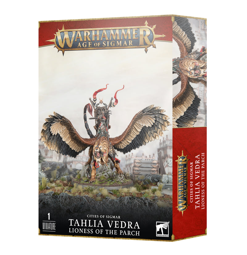 The Warhammer Age of Sigmar: Cities of Sigmar - Tahlia Vedra kit shows Tahlia riding a winged lion on a battlefield.