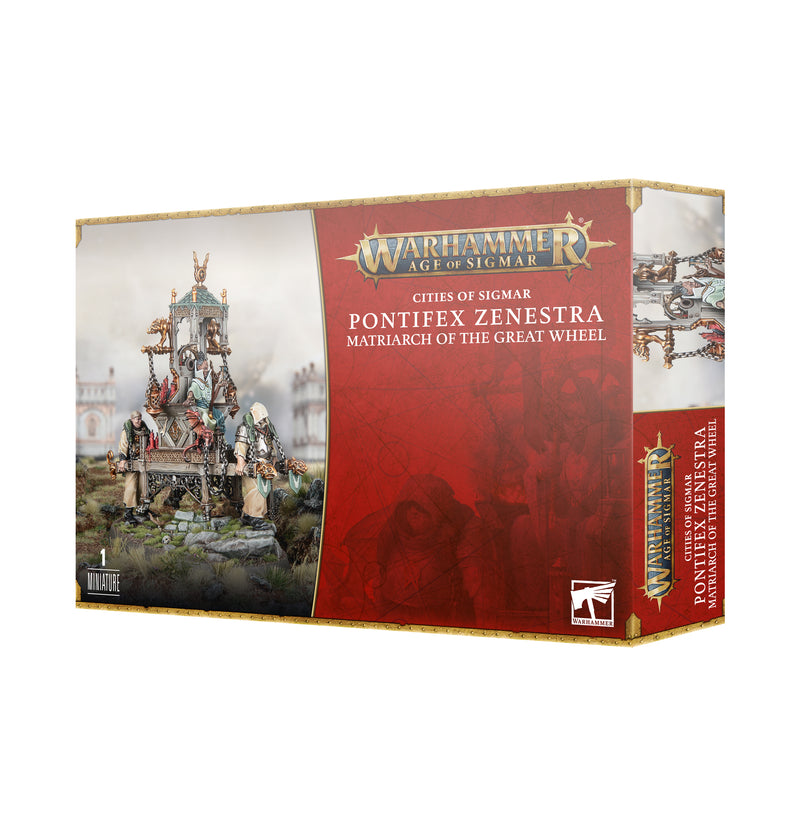 The Warhammer Age of Sigmar: Cities of Sigmar - Pontifex Zenestra, Matriarch of the Great Wheel box from Games Workshop features a painted plastic miniature displayed on a scenic base, presented in striking red and gold packaging.