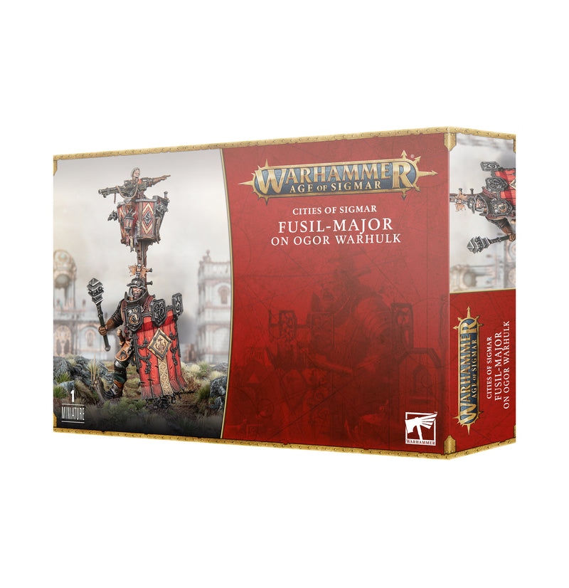 The Warhammer Age of Sigmar: Cities of Sigmar - Fusil-Major on Ogor Warhulk box has a detailed ogor, platform, and rifleman model.