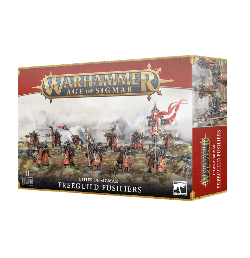 The Warhammer Age of Sigmar: Cities of Sigmar - Freeguild Fusiliers box shows miniatures in red uniforms with rifles and the Warhammer logo at the top.