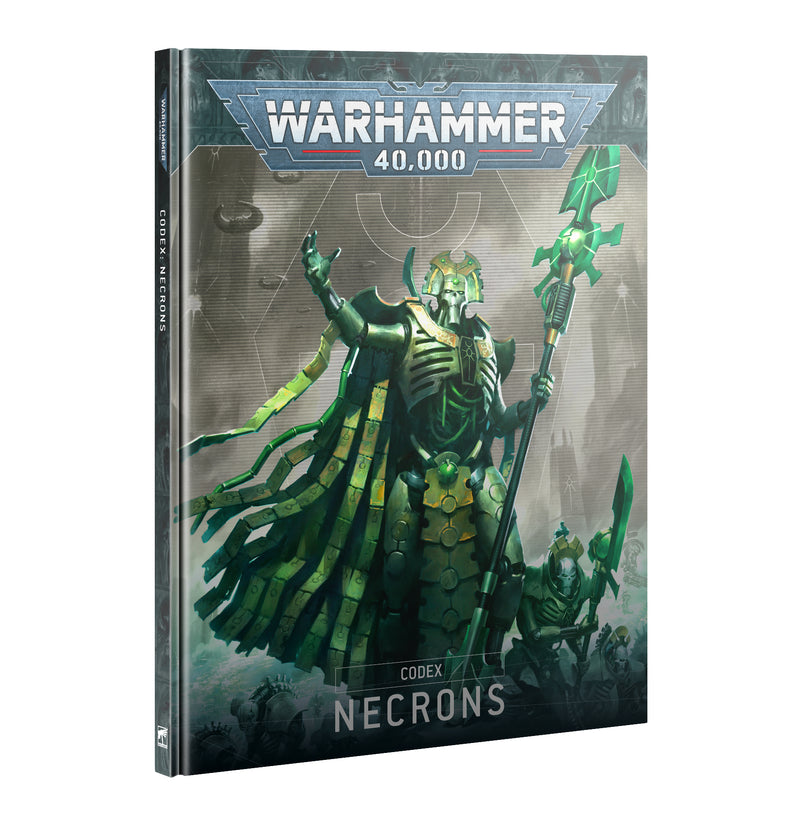 The image shows the cover of Warhammer 40k: Codex - Necrons 10th Ed, featuring a robotic Necron leader with a staff, flanked by other Necrons and futuristic designs in the background.