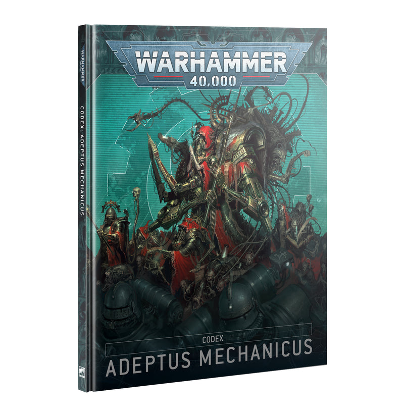 Cover of the Warhammer 40k: Codex – Adeptus Mechanicus 10th Ed, showcasing mechanical warriors and machines set in a teal and metallic-toned sci-fi environment, with the title prominently displayed at the top and bottom. This essential Games Workshop release draws you into the unique universe of Warhammer 40,000’s Adeptus Mechanicus.