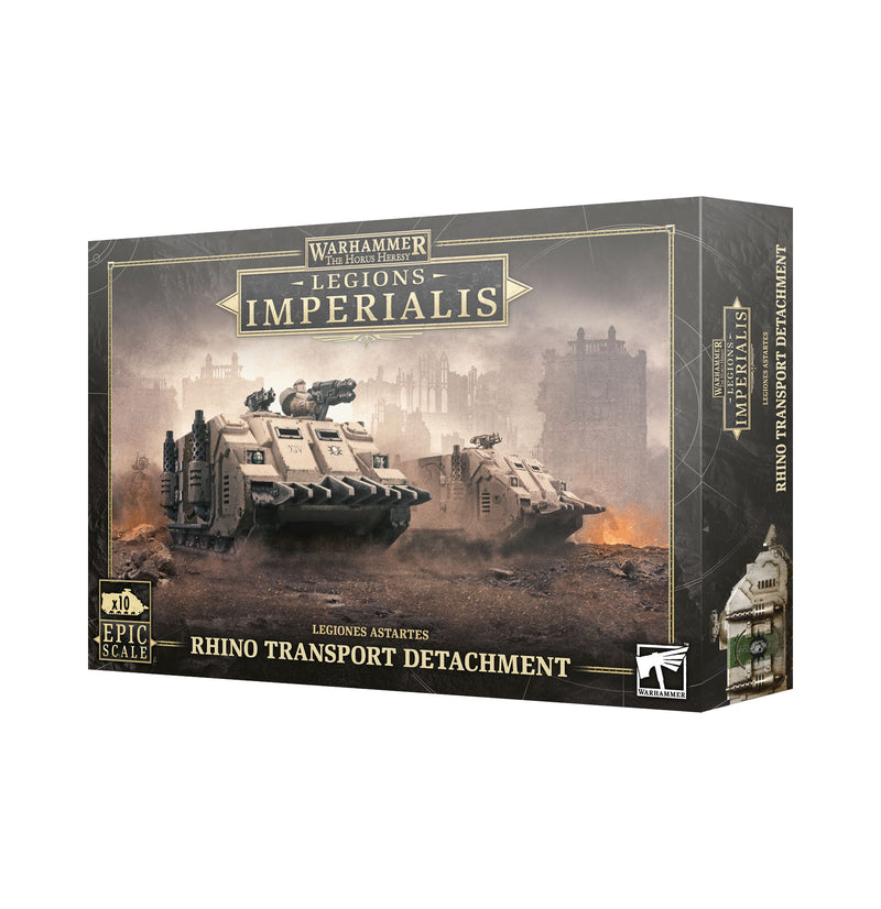 Box of Horus Heresy: Legions Imperialis: Rhino Transport Detachment, featuring two detailed Legiones Astartes Rhinos set against a war-torn city with product branding and logos on the packaging.