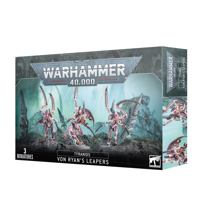 Warhammer 40k Tyranids Von Ryan's Leapers by Games Workshop includes three push-fit miniatures with Citadel bases, shown on the box front set against an alien landscape.