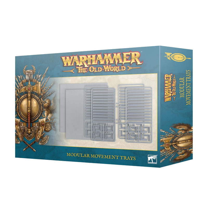 Box of Warhammer The Old World: Modular Movement Trays, featuring plastic tray sprues visible through a window and fantasy artwork with shields, weapons, and a blue background from Games Workshop.