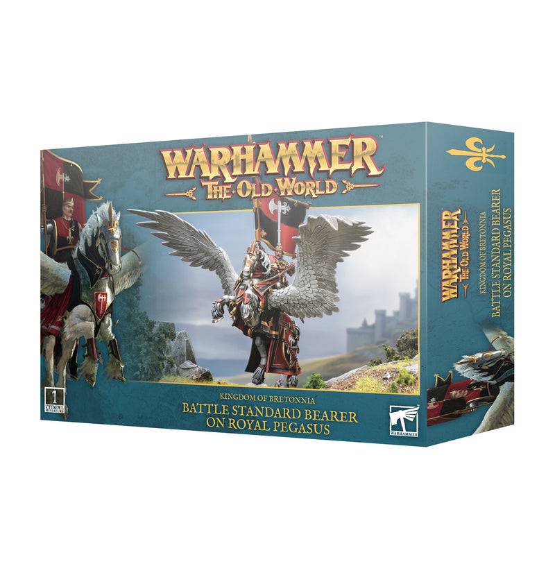 Box of Warhammer The Old World: Kingdom of Bretonnia - Battle Standard on Royal Pegasus miniatures from Games Workshop, featuring a knight in red armor riding a winged royal pegasus with a castle in the background. Includes Bretonnian Transfer Sheet.