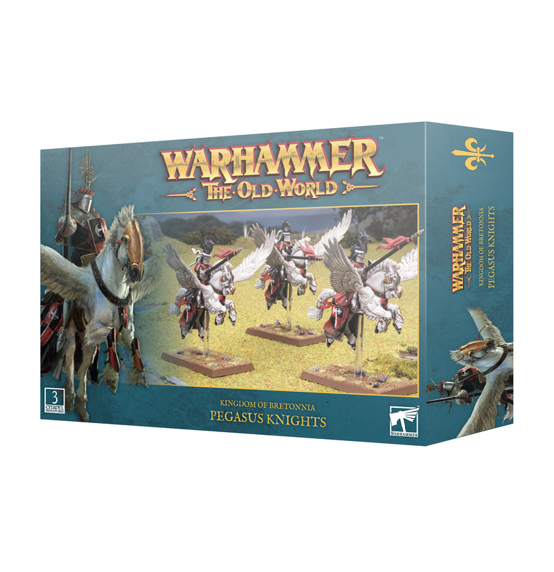 Box of Warhammer The Old World: Kingdom of Bretonnia - Pegasus Knights miniatures, depicting painted knights mounted on flying horses over a grassy battlefield. The box is labeled Warhammer The Old World: Kingdom of Bretonnia - Pegasus Knights by Games Workshop.