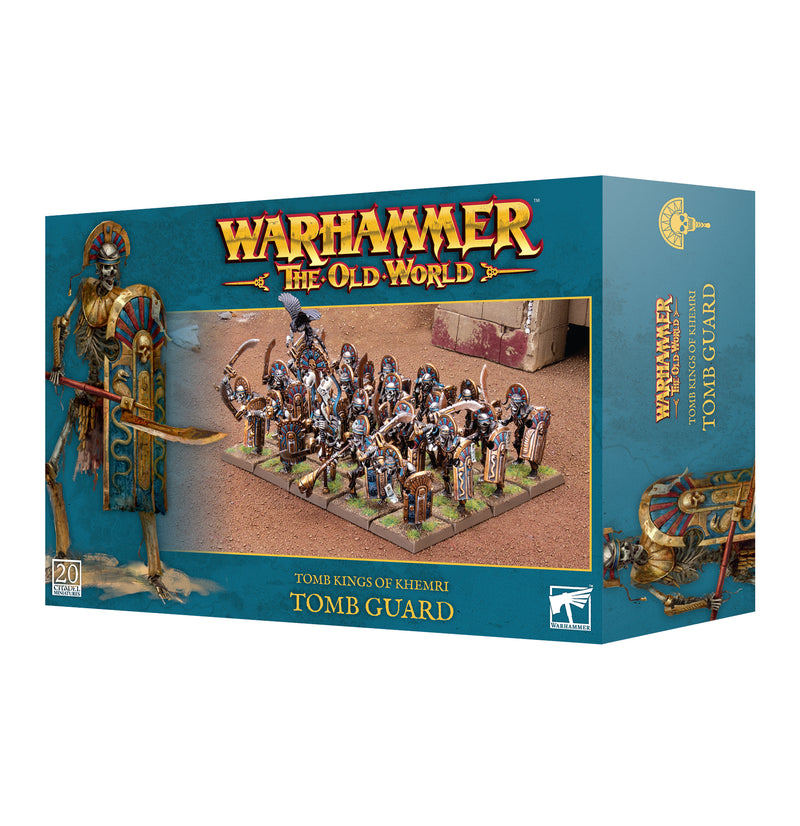 A Warhammer The Old World: Tomb Kings of Khemri – Tomb Guard box set, showcasing plastic miniatures of skeleton warriors equipped with shields and weapons on Citadel Bases, arranged on desert terrain. Manufactured by Games Workshop.