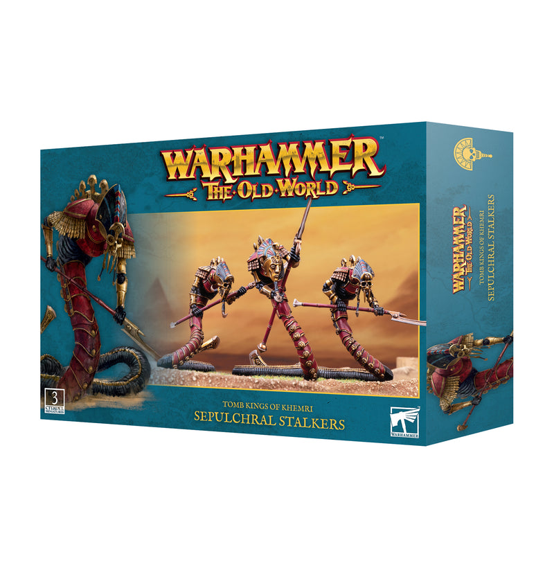 Box of Warhammer The Old World: Tomb Kings of Khemri - Sepulchral Stalkers miniatures by Games Workshop, featuring three Egyptian-themed, armored skeletal serpent figures on Citadel bases set against a desert backdrop.