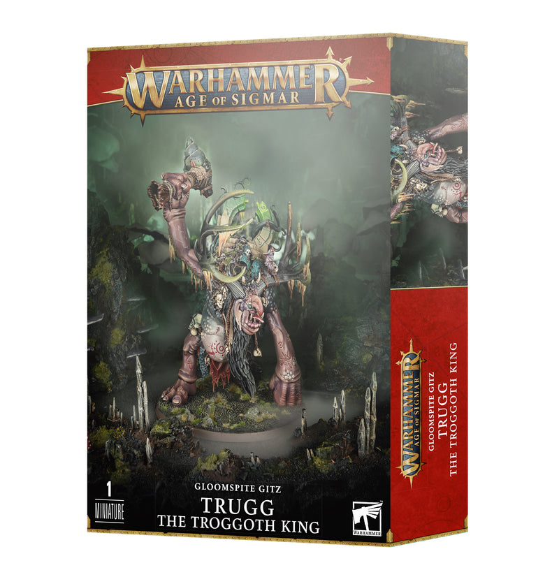Warhammer Age of Sigmar: Gloomspite Gitz - Trugg the Troggoth King miniature on a 100mm base in a glowing fungi landscape.