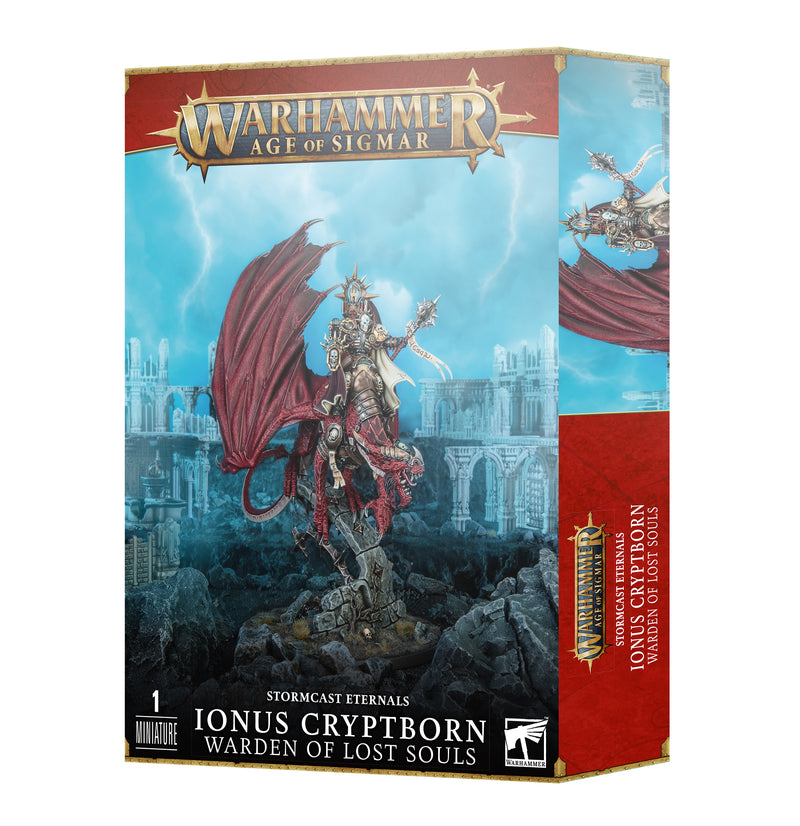Box for Warhammer Age of Sigmar: Stormcast Eternals - Ionus Cryptborn, showcasing a Stormcast Eternal hero mounted on a red dragon amidst ancient ruins; includes information about miniature assembly and comes with a Citadel 100mm Round Base. Official Games Workshop product.