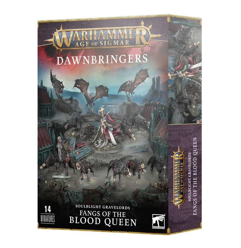 Warhammer Age of Sigmar: Dawnbringer: Soulblight Gravelords – Fangs of the Blood Queen has 14 vampire, bat, and wolf miniatures.