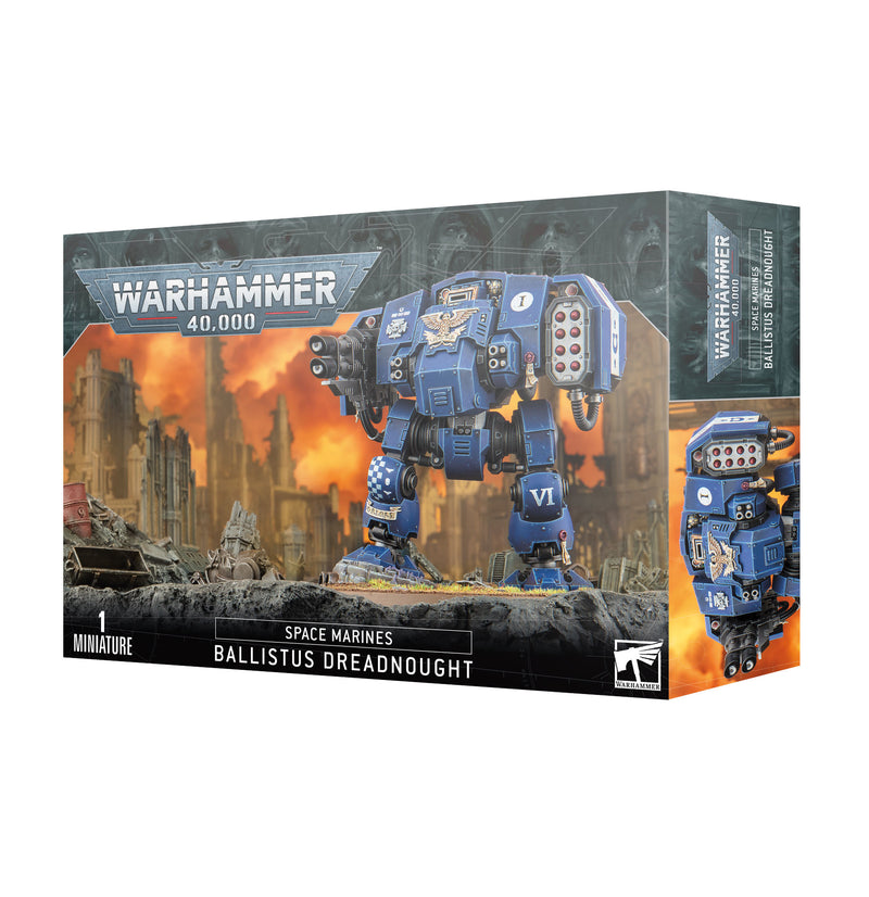The Warhammer 40k: Space Marines Ballistus Dreadnought box features a push-fit blue mech with missile launchers and cannons, set against a war-torn landscape.