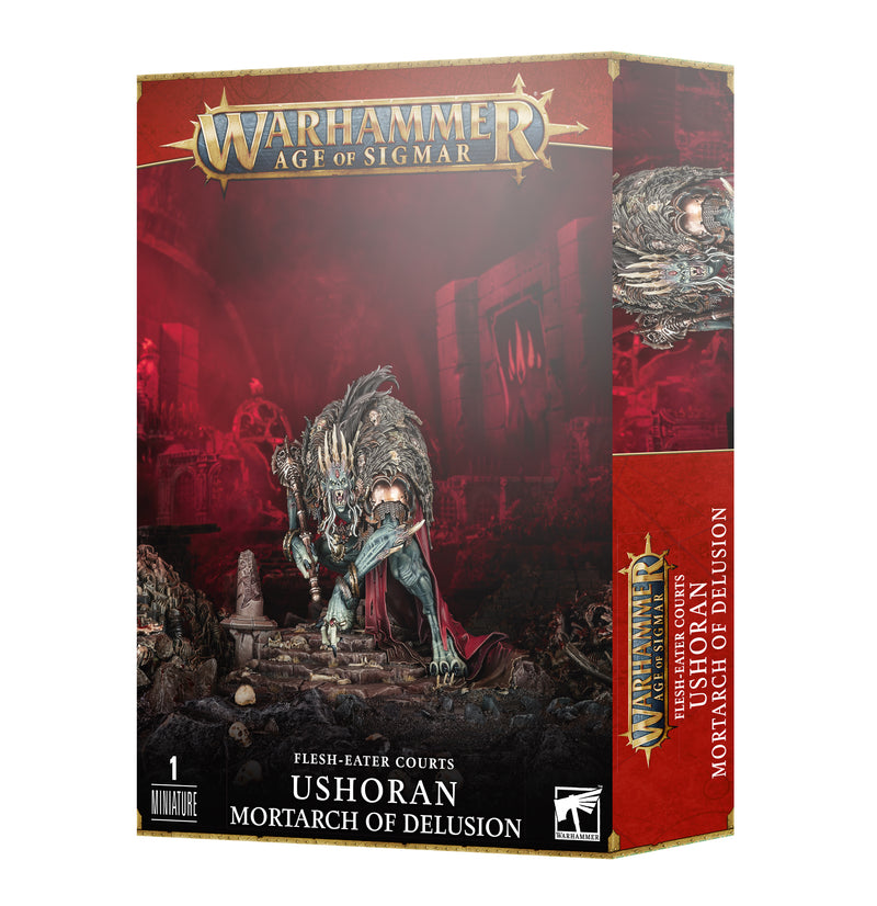 Box for Warhammer Age of Sigmar: Flesh-Eater Courts Ushoran Mortarch of Delusion with unpainted minis, dark undead cover art.
