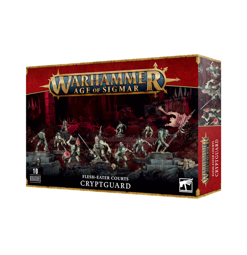 Warhammer Age of Sigmar: Flesh-Eater Courts Cryptguard box by Games Workshop with 10 unpainted undead warrior miniatures in a dark, dungeon-like theme.