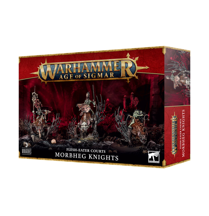 Warhammer Age of Sigmar: Flesh-Eater Courts Morbheg Knights includes three detailed unpainted miniatures in a dark fantasy setting on the front cover.