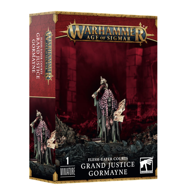 Warhammer Age of Sigmar: Flesh-Eater Courts Grand Justice Gormayne includes an unpainted miniature and a 32mm base on rocky terrain with a dark red background.