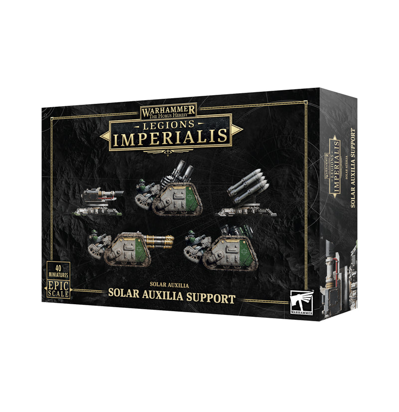 Box of Horus Heresy: Legions Imperialis: Solar Auxila Support with four armored vehicle miniatures, each with a unique large weapon. Gold and white text and logos on black packaging.