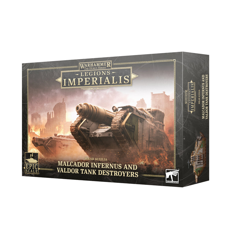 Box for Horus Heresy: Legions Imperialis: Malcador Infernus & Valdor Tank Destroyers, showing Solar Auxilia tanks in a fiery city battle, with product details and logos on the packaging.