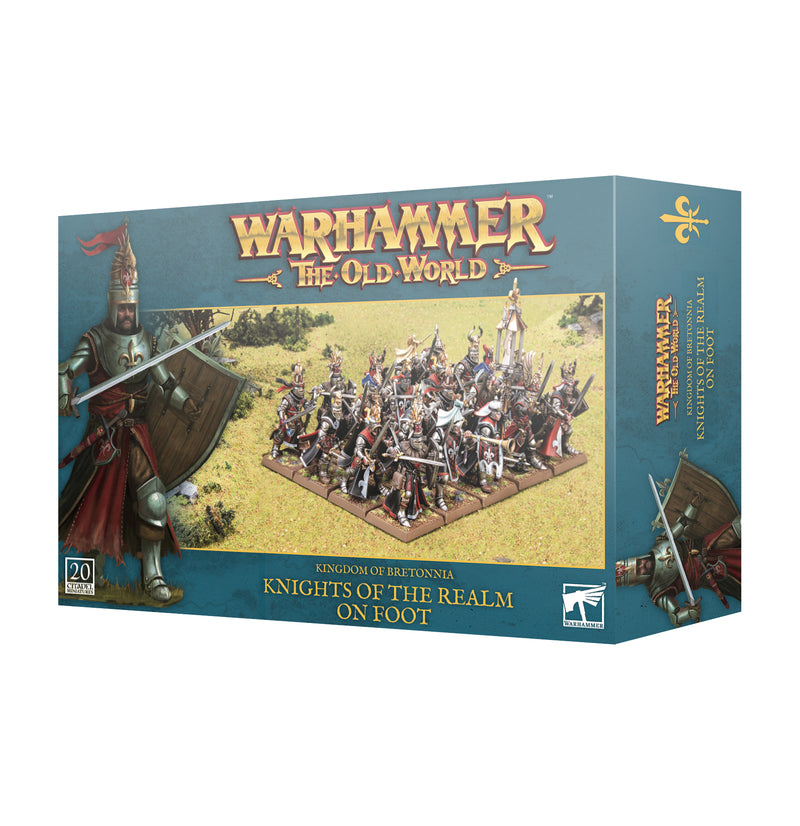 Box of Warhammer The Old World: Kingdom of Bretonnia - Knights of the Realm on Foot miniatures, featuring painted knights in battle on the front and a sword-and-shield knight on the left side. Includes Citadel Bases and a Bretonnia Transfer Sheet. Produced by Games Workshop.