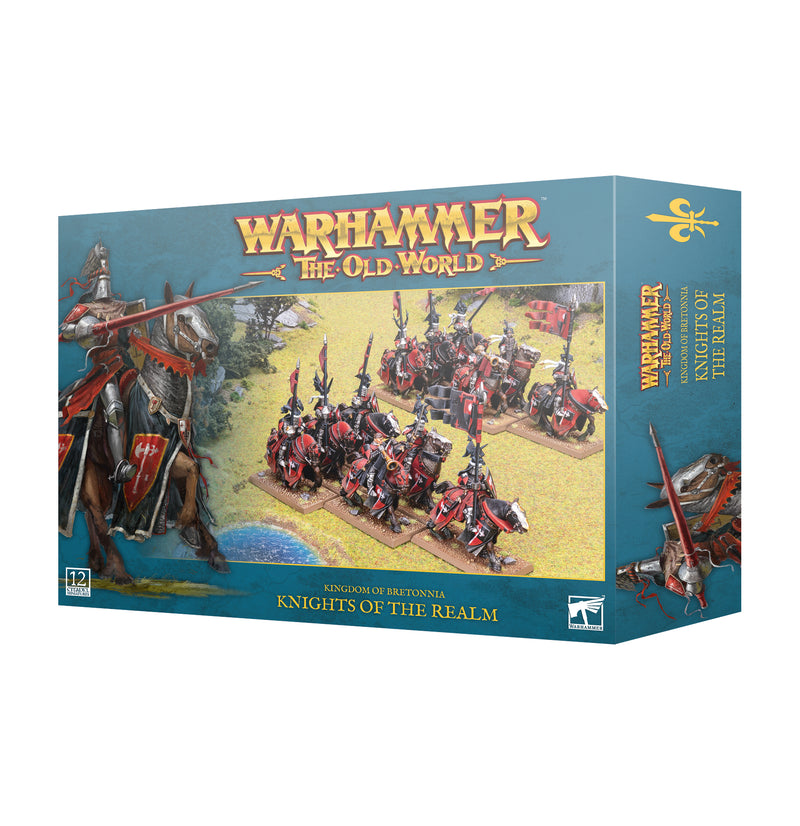 Box of Warhammer The Old World: Kingdom of Bretonnia - Knights of the Realm featuring Games Workshop miniatures of armored knights on horseback in red and silver, adorned with Bretonnian symbols and branding on a blue background. Includes a Bretonnian Transfer Sheet.