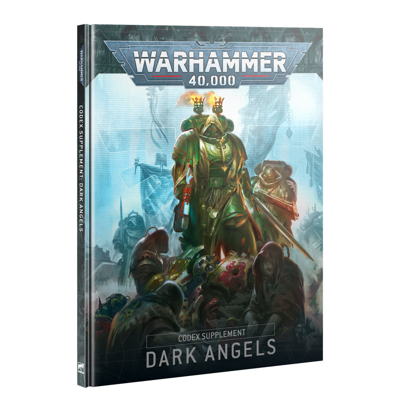 The hardcover Warhammer 40k: Dark Angels: Codex Supplement 10th Ed (2024) shows a green-armored Space Marine with glowing eyes, flanked by hooded figures on a smoky blue background.