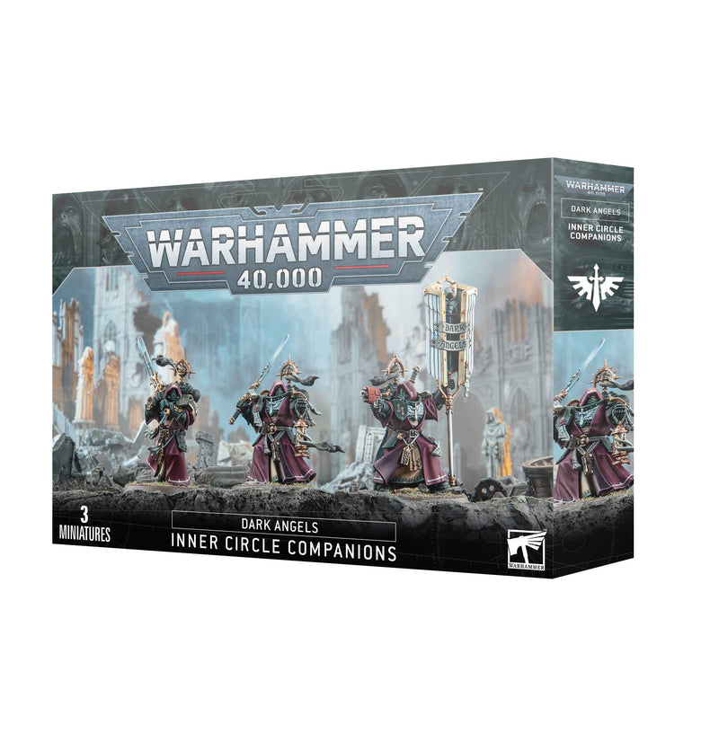 Box of Warhammer 40k: Dark Angels: Inner Circle Companions, including three armored miniatures with weapons and banners, set in a war-torn city scene.