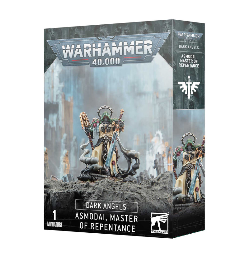 Warhammer 40k: Dark Angels: Asmodai Master of Repentance box shows the assembled miniature among ruins with weapons. Assembly details and official logos on packaging.