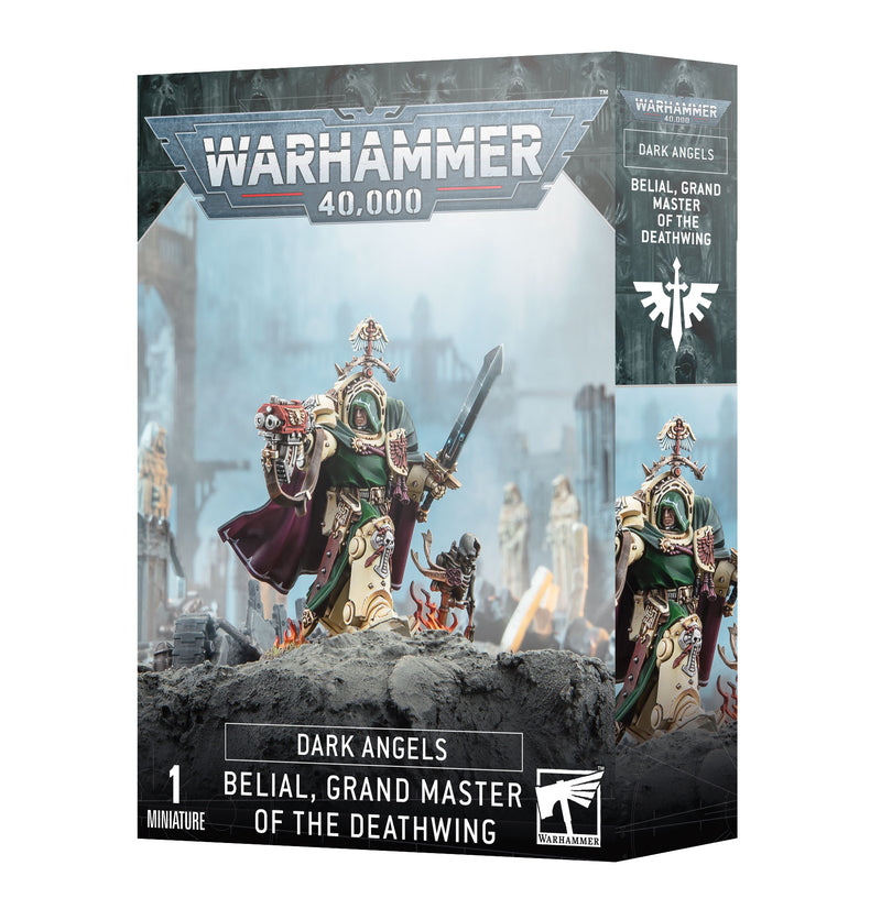 The Warhammer 40k: Dark Angels: Belial, Grand Master of the Deathwing box by Games Workshop features a highly detailed miniature kit of Belial, depicted standing on rocky terrain wielding a sword and holding a banner, set against a gothic, ruined sci-fi backdrop.