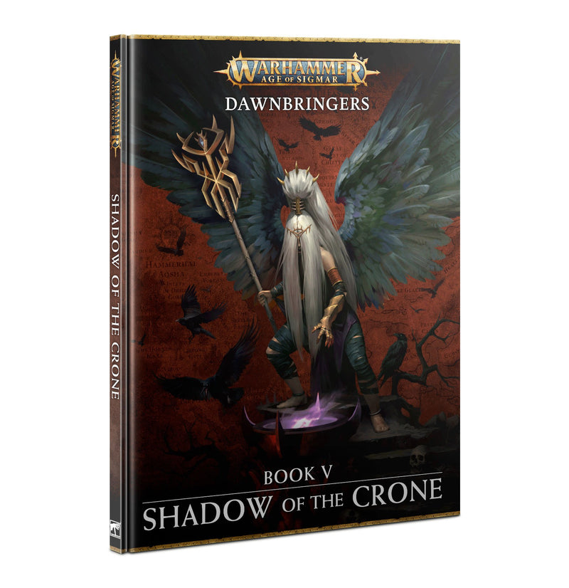 Age of Sigmar: Dawnbringers - Book 5 - Shadows of the Crone features a winged, armored figure with a staff and exclusive warscrolls.