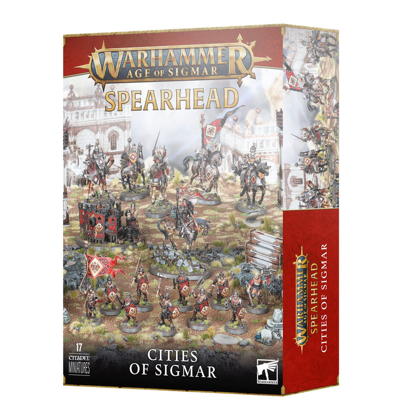 Box of Warhammer Age of Sigmar: Spearhead - Cities of Sigmar (Legacy Kit) miniatures from Games Workshop, featuring painted Freeguild models in a dramatic fantasy city battle scene. Text highlights 17 included Citadel Miniatures.