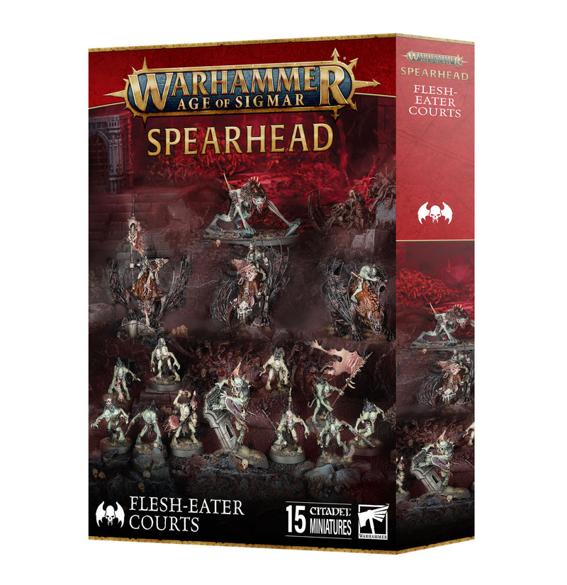 Box of Warhammer Age of Sigmar: Spearhead - Flesh-Eater Courts (Legacy Kit) by Games Workshop, featuring 15 Citadel miniatures including an Abhorrant Archregent, showcased on the front against a dramatic red and dark fantasy backdrop.