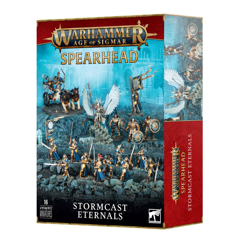 Box of Warhammer Age of Sigmar: Spearhead: Stormcast Eternals featuring 16 Citadel Miniatures from Games Workshop, displayed on the front against a blue fantasy background.