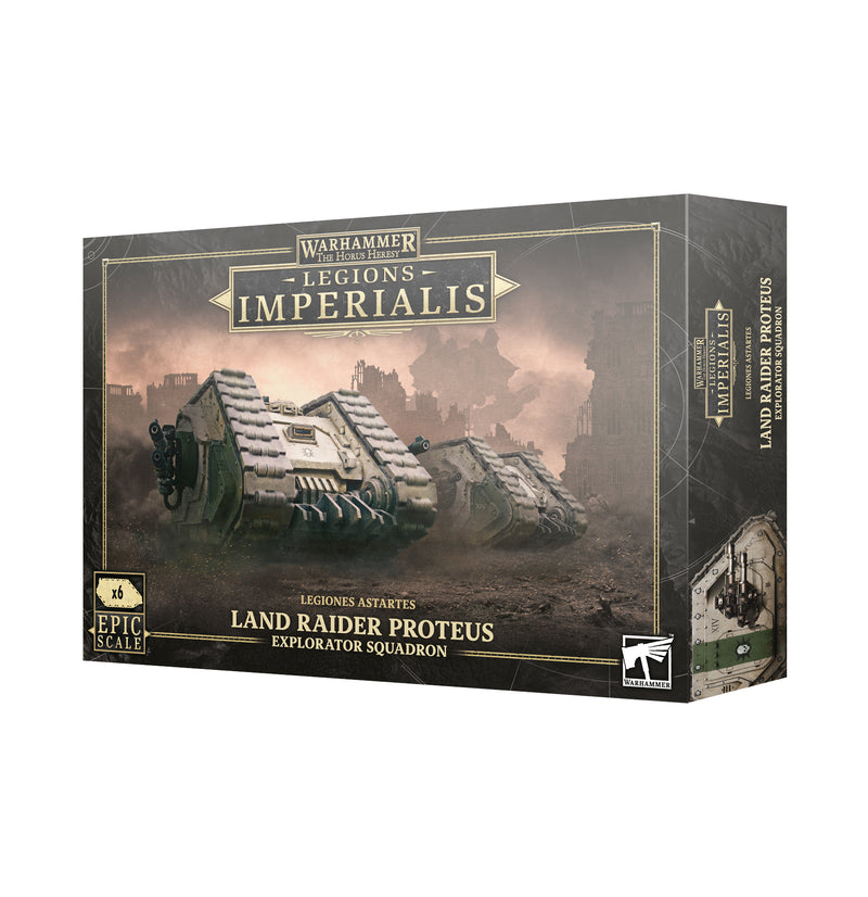 A box for Horus Heresy: Legions Imperialis: Land Raider Proteus Explorator Squadron, showing tanks and a Vehicle Transfer Sheet.