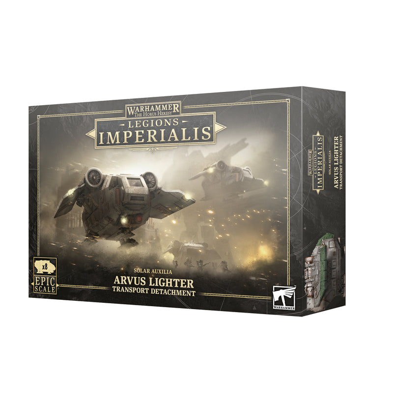 A box for Horus Heresy: Legions Imperialis: Solar Auxilia Arvus Lighters by Games Workshop, showing artwork of two Arvus Lighter vehicles in battle, with product details and logos on the packaging.