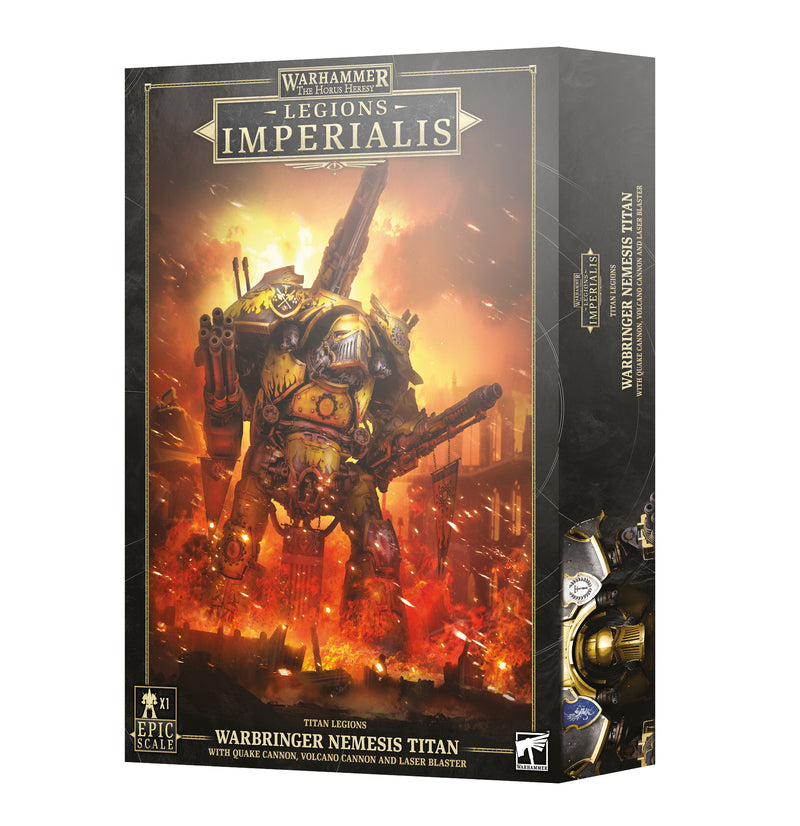 Box of Horus Heresy: Legions Imperialis: Warbringer Nemesis Titan with Quake Cannon, featuring artwork of a large yellow Adeptus Titanicus mech armed with cannons amid fire and smoke.