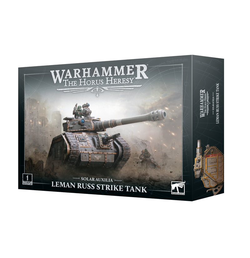 The Horus Heresy Solar Auxilia: Leman Russ Strike Tank box shows a detailed tank in battle, a soldier atop it, and a cityscape behind.