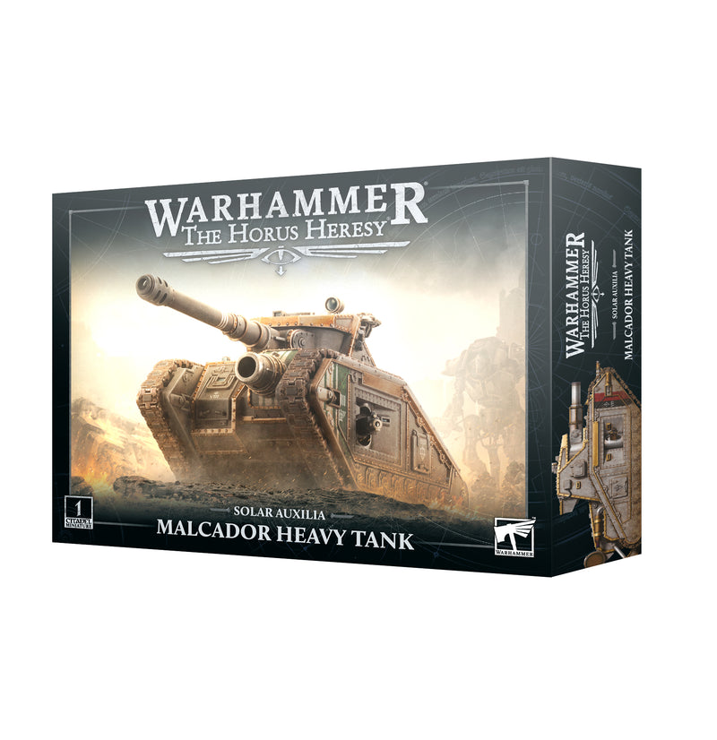 A box of Horus Heresy Solar Auxilia: Malcador Heavy Tank by Games Workshop, featuring tank miniatures and Warhammer packaging.