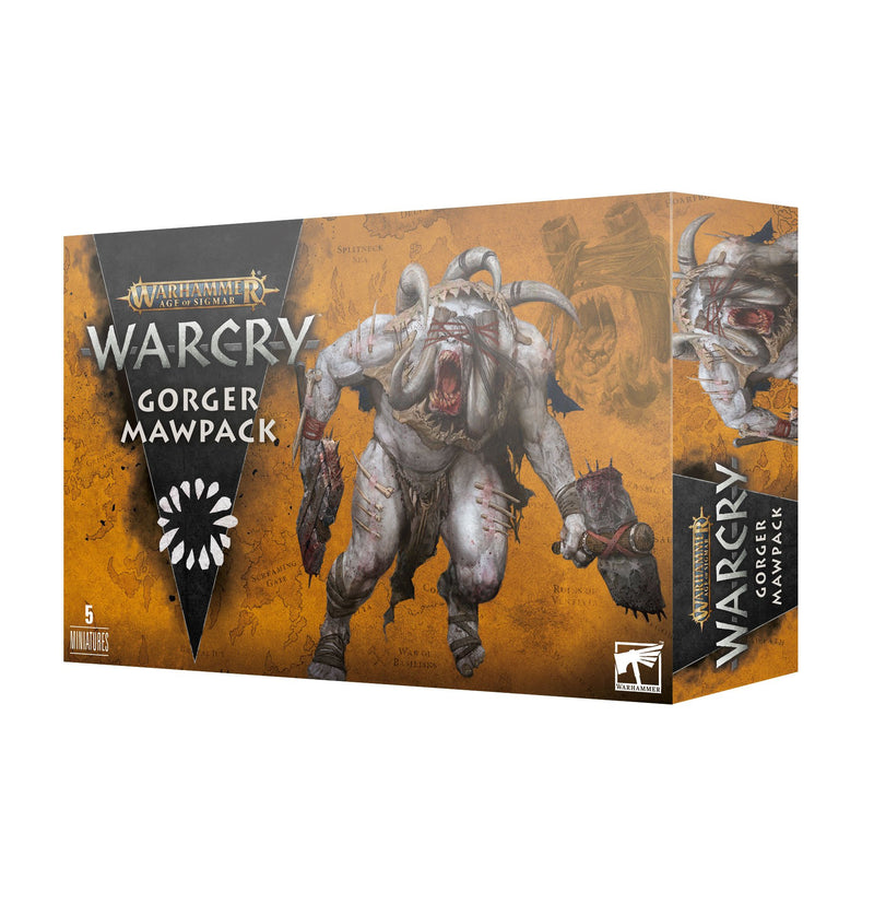 The Warcry: Gorger Mawpack box features a large, multi-armed, sharp-toothed creature on a yellow background with Warcry miniatures branding and product details from Warhammer Age of Sigmar by Games Workshop.