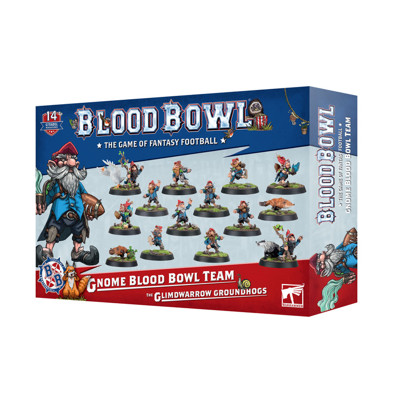 Blood Bowl: Glimdwarrow Groundhogs by Games Workshop boxed set with gnome miniatures, fantasy artwork, 32mm bases. Ages 14+.
