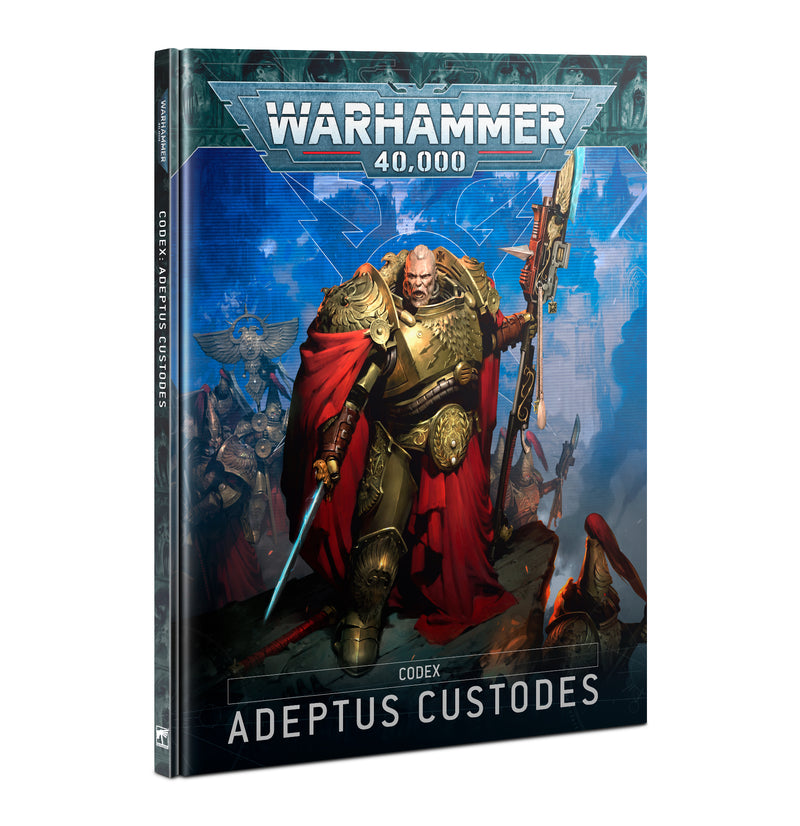 The image shows Warhammer 40k: Adeptus Custodes - Codex 10th Ed cover, with a golden-armored warrior, spear, and red cape.