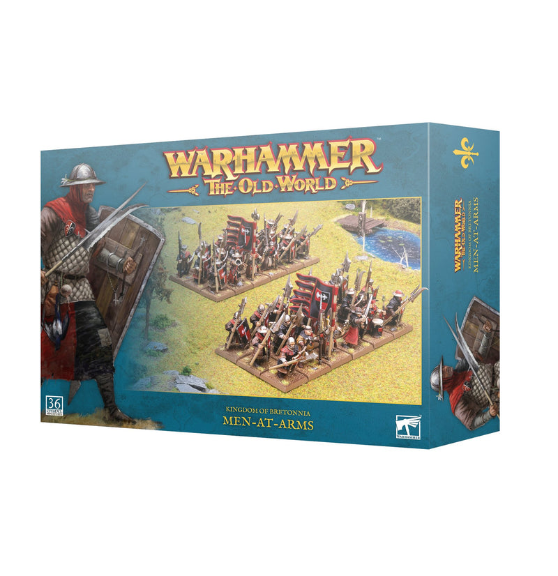 Box for Warhammer The Old World: Kingdom of Bretonnia - Men-at-Arms displays artwork of armored soldiers with shields and spears gathering on a grassy battlefield. This set includes highly detailed Bretonnian miniatures from Games Workshop, ready to be assembled and mounted on Citadel bases.