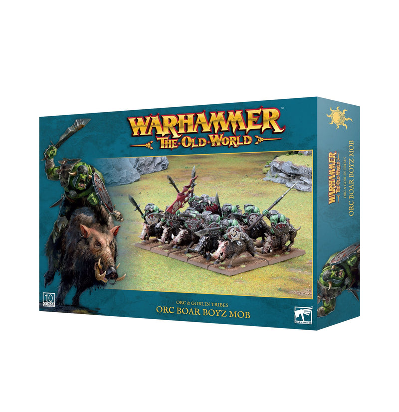 Box of Warhammer The Old World: Orc & Goblin Tribes - Boar Boyz Mob miniatures by Games Workshop, featuring painted Orc riders mounted on boars and displayed on Citadel bases, with official game branding and details set against a blue background.
