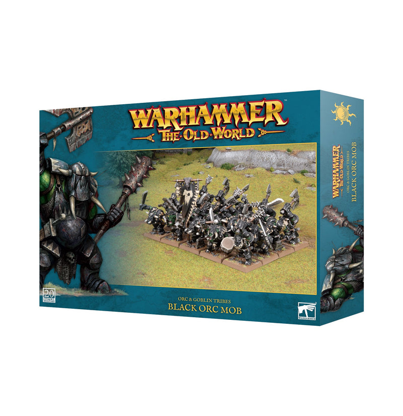 Box art of Warhammer The Old World: Orc & Goblin Tribes - Black Orc Mob featuring a group of painted Black Orc Mob miniatures on Citadel Bases, with a large armored orc illustration on the left and the logo at the top. Blue and yellow themed packaging by Games Workshop.