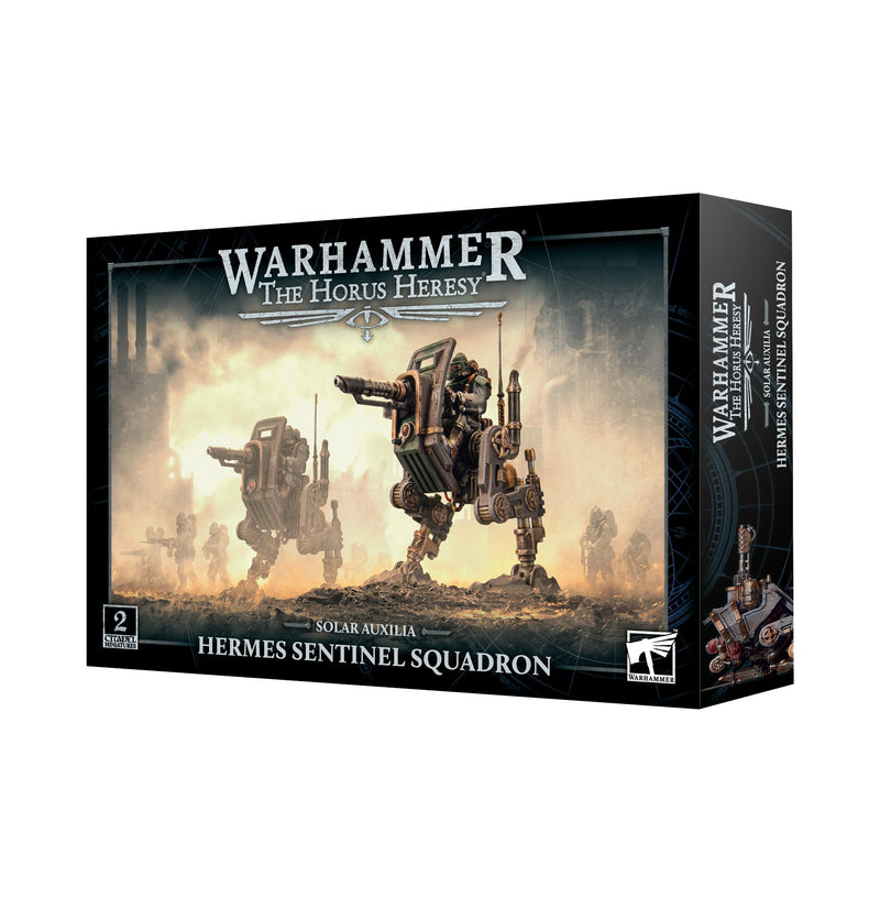 Horus Heresy Solar Auxilia: Hermes Sentinel Squadron by Games Workshop includes two miniatures of Solar Auxilia robotic walkers with weapons on Citadel bases, ready for display or battle on your tabletop.