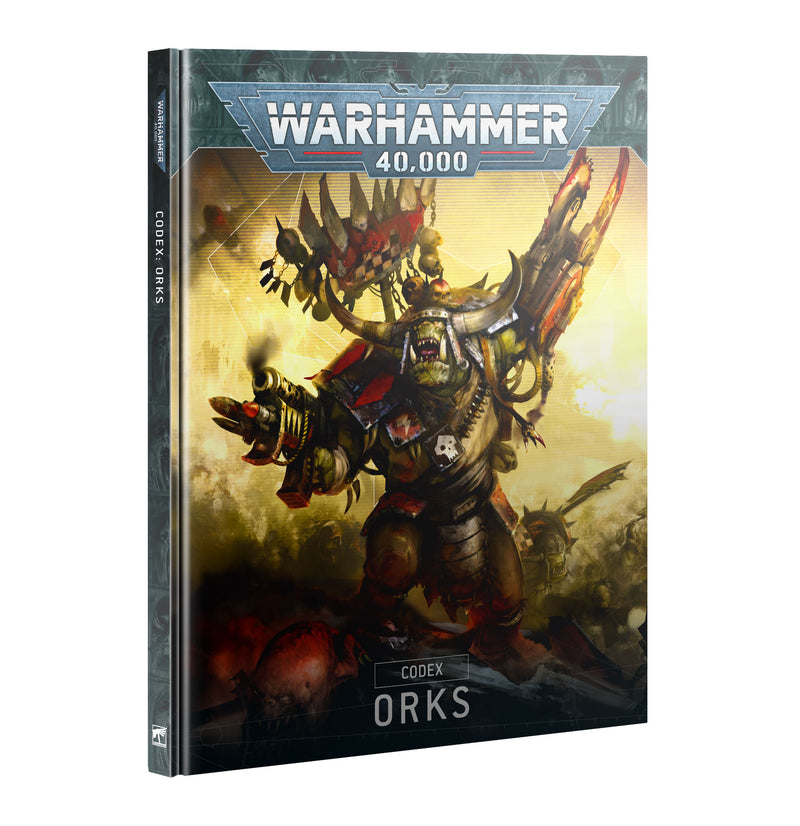 The image shows the cover of Warhammer 40k: Orks - Codex 10th Ed, featuring a powerful armored Ork warrior ready for battle.