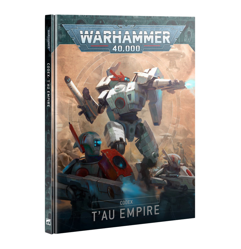The image depicts the cover of Warhammer 40k: Tau Empire - Codex 10th Ed by Games Workshop, featuring futuristic Tau warriors and battlesuits in a dynamic sci-fi battle scene.