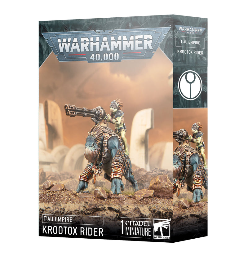 Warhammer 40k: Tau Empire - Krootox Rider by Games Workshop includes a Krootox Rider miniature with Citadel 50mm Round Base. Box art shows a rider on a large beast in an alien landscape.