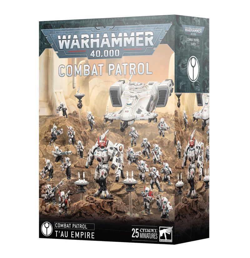 Warhammer 40k: Combat Patrol - Tau Empire 2024 by Games Workshop features a box with 25 detailed Tau miniatures on a desert backdrop.