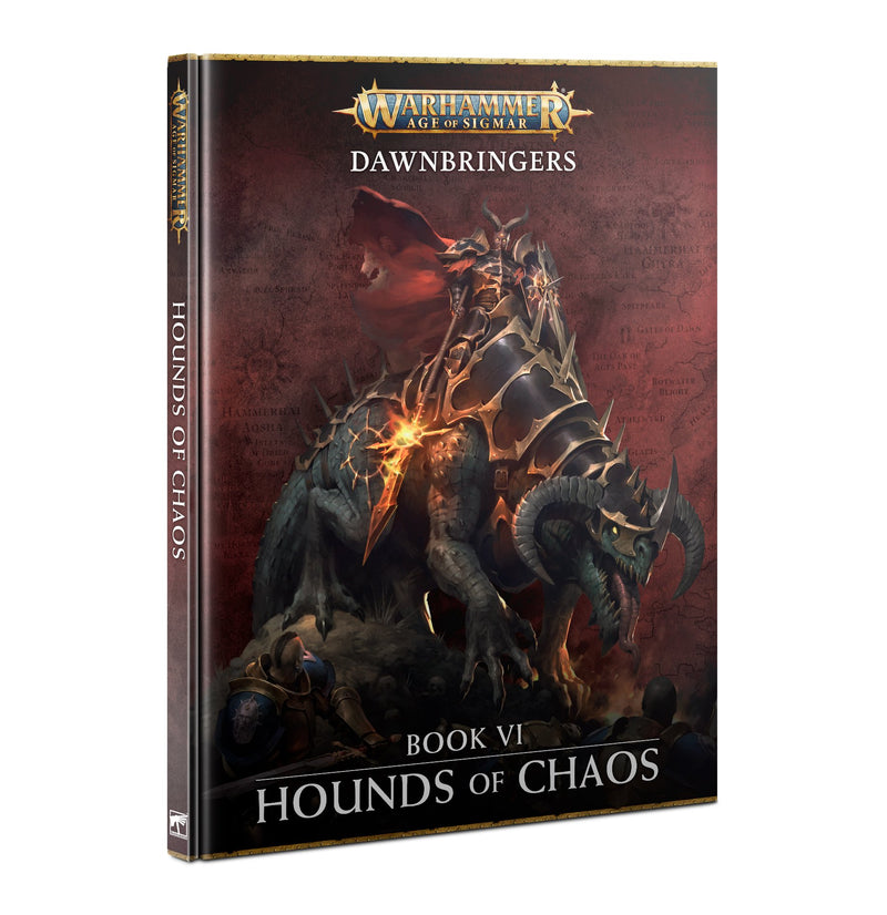 3D-rendered cover of Warhammer Age of Sigmar: Dawnbringers Book VI - Hounds of Chaos, showing an armored Slaves to Darkness warrior on a horned beast before a fiery, dark background.